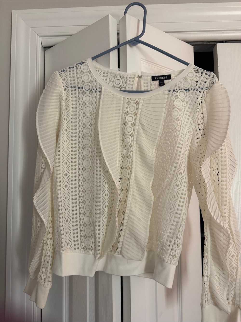 Express Ivory Lace Ruffle Long-Sleeve Blouse